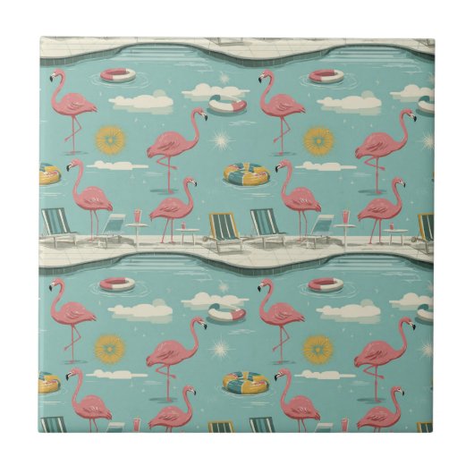 Retro-Flamingo-Poolside-Sommer-Muster (5) Fliese (Vorderseite)
