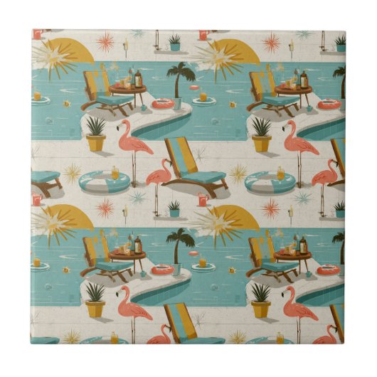 Retro-Flamingo-Poolside-Sommer-Muster (8) Fliese (Vorderseite)