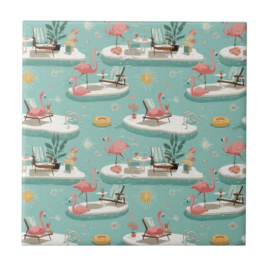 Retro Flamingo Poolside Summer Pattern (11) Fliese (Vorderseite)