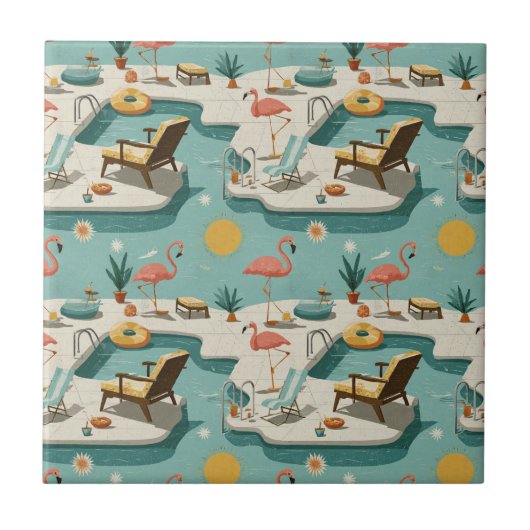 Retro Flamingo Poolside Summer Pattern (2) Fliese (Vorderseite)