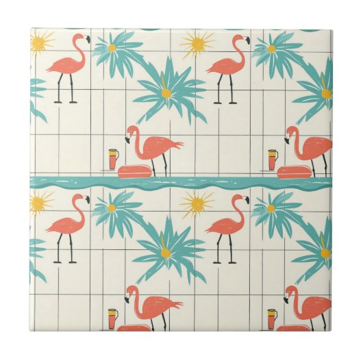 Retro Flamingo Poolside Summer Pattern (4) Fliese (Vorderseite)