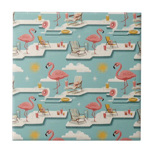 Retro Flamingo Poolside Summer Pattern (6) Fliese (Vorderseite)