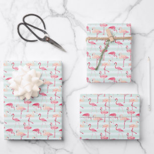 Retro Flamingos auf Minzstreifen Geschenkpapier Set