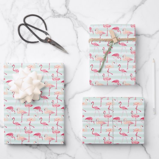 Retro Flamingos auf Minzstreifen Geschenkpapier Set (Vorderseite)