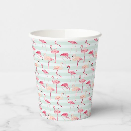 Retro Flamingos auf Minzstreifen Pappbecher (Links)