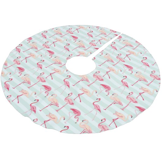Retro-Flamingos auf Minzstreifen Polyester Weihnachtsbaumdecke (Schrägansicht)