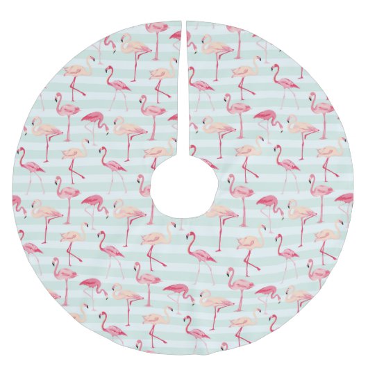 Retro-Flamingos auf Minzstreifen Polyester Weihnachtsbaumdecke (Vorderseite)
