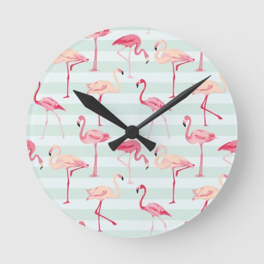 Retro Flamingos auf Minzstreifen Runde Wanduhr (Vorderseite)