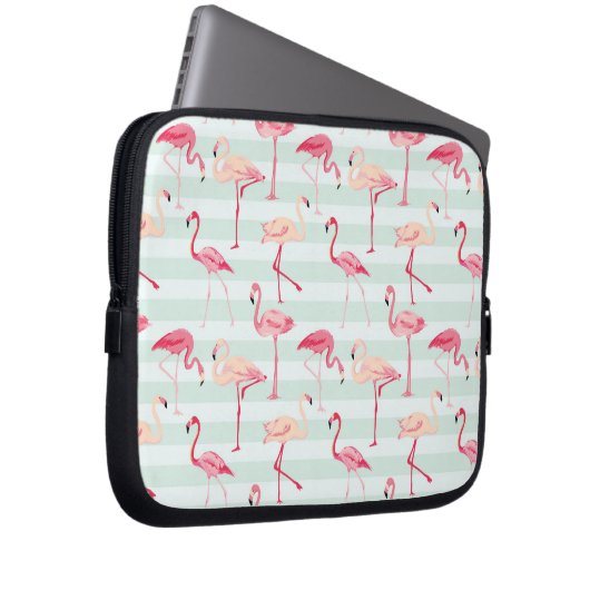 Retro Flamingos auf tadellosen Streifen Laptopschutzhülle (Vorne Rechts)