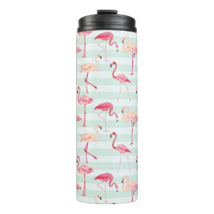Retro Flamingos auf tadellosen Streifen Thermosbecher