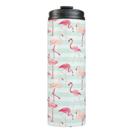 Retro Flamingos auf tadellosen Streifen Thermosbecher (Vorderseite)