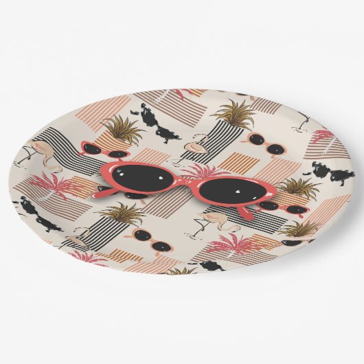 Retro Flamingos Palms und Sonnenbrille Summer Part Pappteller (Schrägansicht)