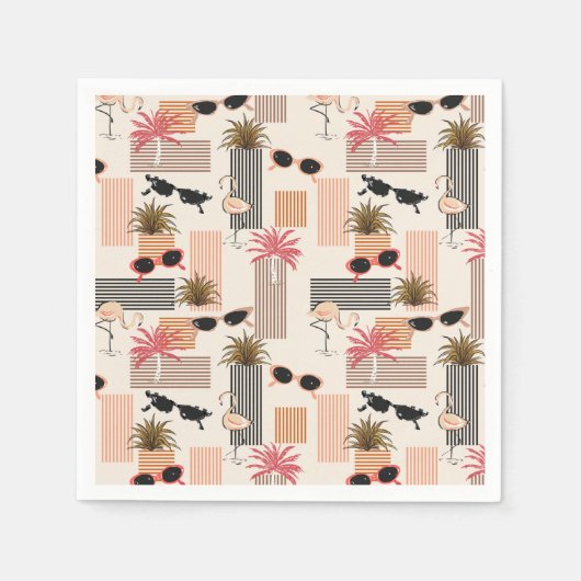 Retro Flamingos Palms und Sonnenbrille Summer Part Serviette (Vorderseite)