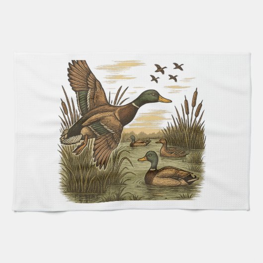 Retro-Fliegende-Stockenten-Jagd Geschirrtuch (Horizontal)