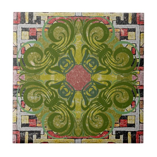 Retro-Fliesen mit rotem grünem Muster Fliese (Vorderseite)