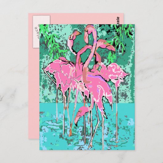Retro Flock von Flamingo Birds Postcard Flamingos Postkarte (Vorne/Hinten)