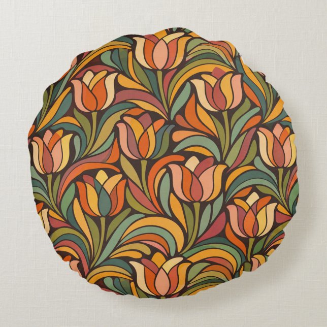 Retro Floral Art Nouveau Pattern Décor Rundes Kissen (Rückseite)