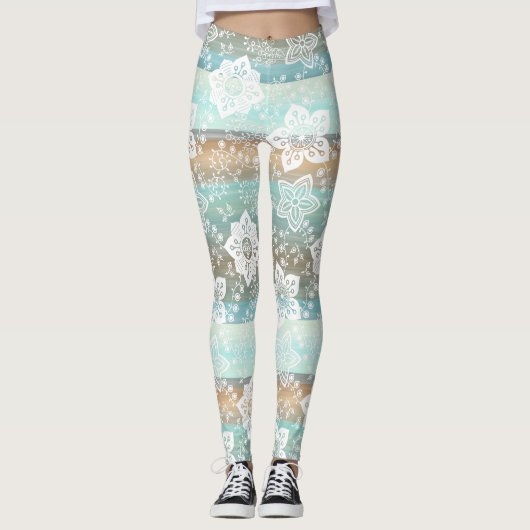 Retro Floral auf Funky Chic Cool Stripes Muster Leggings (Vorderseite)