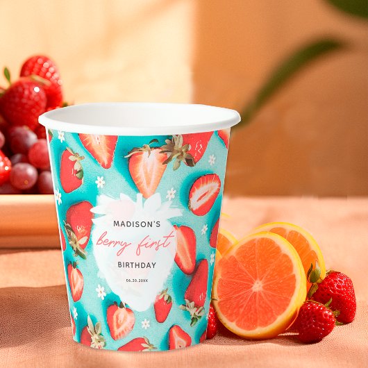 Retro Floral Berry First Strawberry Birthday Pappbecher