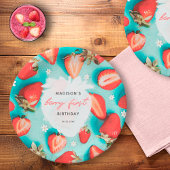 Retro Floral Berry First Strawberry Birthday Pappteller