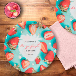 Retro Floral Berry First Strawberry Birthday Pappteller