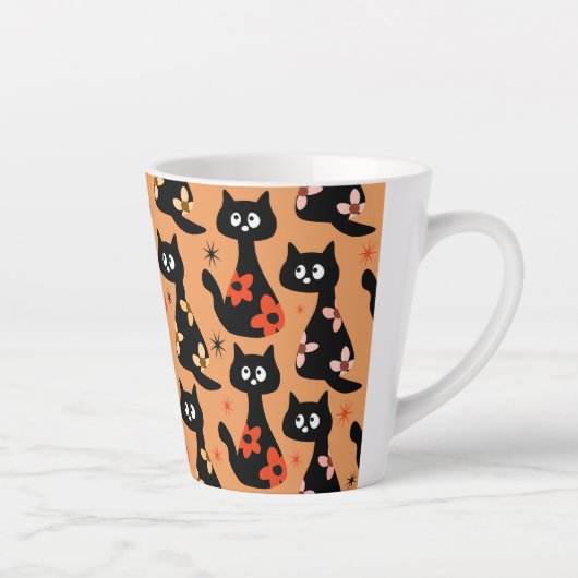 Retro Floral Black Cats (Orange) Latte Tasse (Rechts)