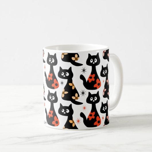 Retro Floral Black Cats (weiß) Kaffeetasse (VorderseiteRechts)