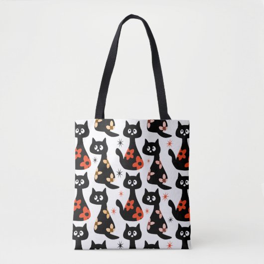 Retro Floral Black Cats (weiß) Tasche (Vorderseite)