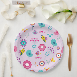 Retro Floral Blume Bird Animal Paper Plate Pappteller