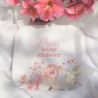 Retro Floral Boho Girl Baby Shower Pappteller