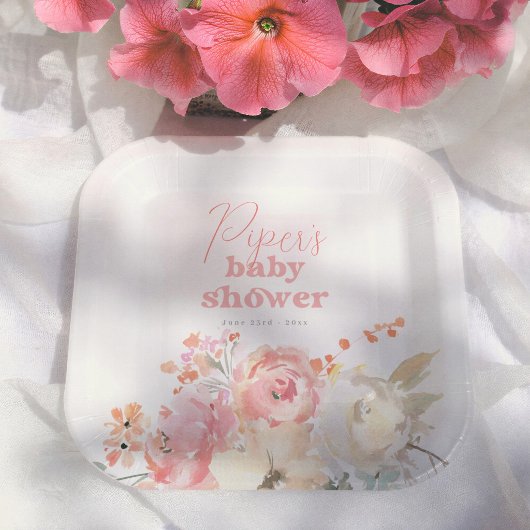 Retro Floral Boho Girl Baby Shower Pappteller