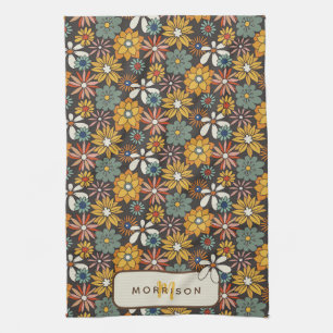 Retro Floral Brown Gold Aquamarin Personalisiert Geschirrtuch