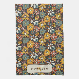 Retro Floral Brown Gold Aquamarin Personalisiert Geschirrtuch