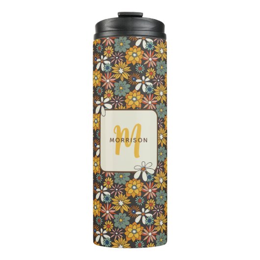 Retro Floral Brown Gold Aquamarin Personalisiert Thermosbecher (Vorderseite)