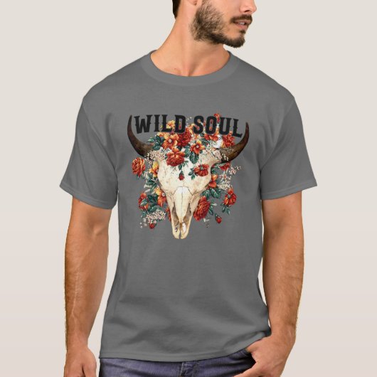 Retro Floral Bull Skull Wild Soul Hippie Western C T-Shirt (Vorderseite)