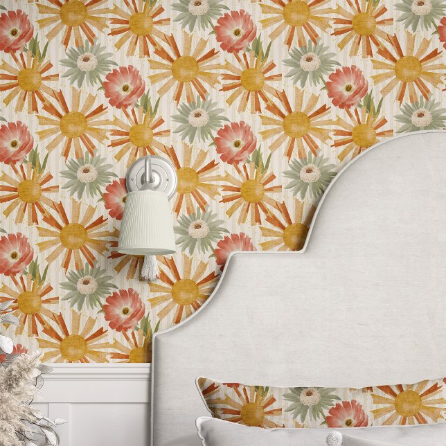 Retro Floral Burst auf Beige Tapete (Von Creator hochgeladen)