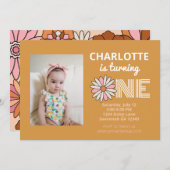 Retro Floral Daisy Erster Geburtstag Einladung (Vorne/Hinten)