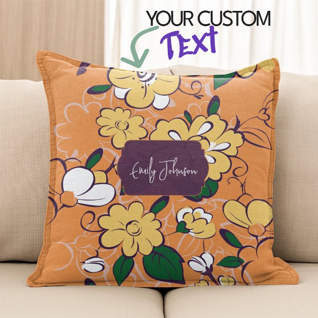 Retro Floral Daisy Orange Autumn Custom Name Kissen (Bohemian Meadow Floral Sketch Style Throw Pillow)