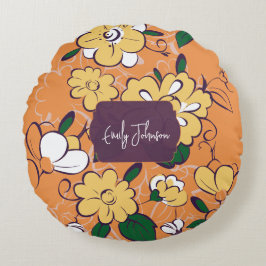 Retro Floral Daisy Orange Autumn Custom Name Rundes Kissen