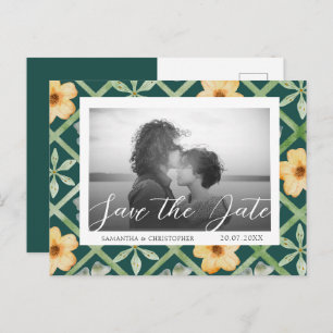 Retro Floral Emerald Foto Save the Date Hochzeit Postkarte