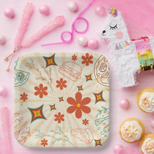 Retro Floral Fast Food Muster Pappteller (Party)