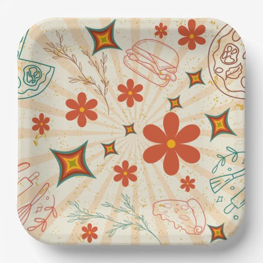 Retro Floral Fast Food Muster Pappteller (Vorderseite)
