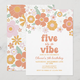 Retro Floral Five ist ein Vibe 5. Geburtstag Einladung