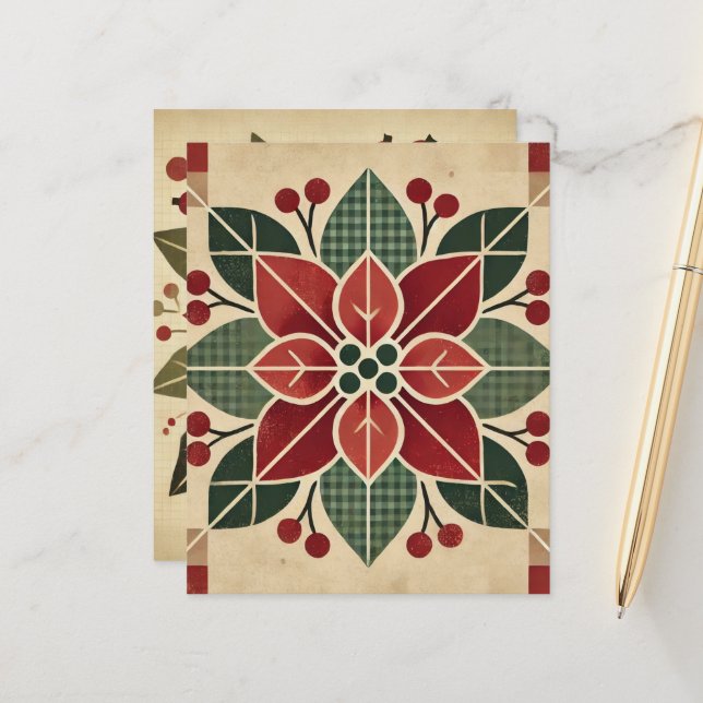 Retro Floral Folk Art Poinsettia Scrapbook Paper (Vorderseite/Rückseite Beispiel)