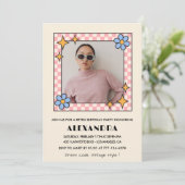 Retro Floral Foto 39. Geburtstag Einladung Blau (Stehend Vorderseite)