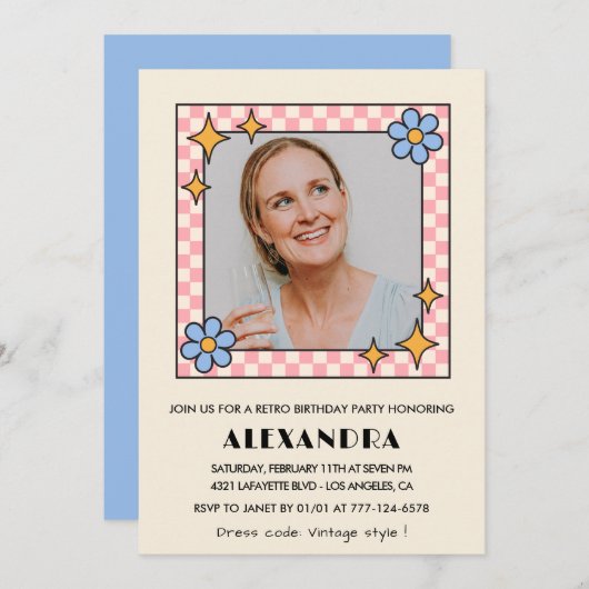 Retro Floral Foto 46. Geburtstag Einladung Blau (Vorne/Hinten)