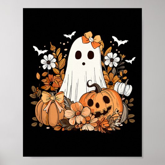 Retro Floral Ghost Niedlich Pumpkin HerbstHallowee Poster (Vorne)