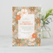 Retro Floral Girls 1. Geburtstag Einladung (Stehend Vorderseite)