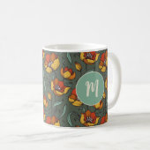 Retro Floral Green Gold Orange Monogramm Kaffeetasse (VorderseiteRechts)