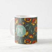 Retro Floral Green Gold Orange Monogramm Kaffeetasse (Vorderseite Links)